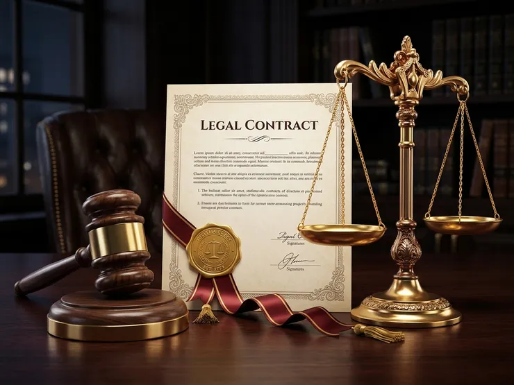 Ilustración del mazo de un juez, la balanza dorada de la justicia y un documento legal con un sello dorado y una cinta.
