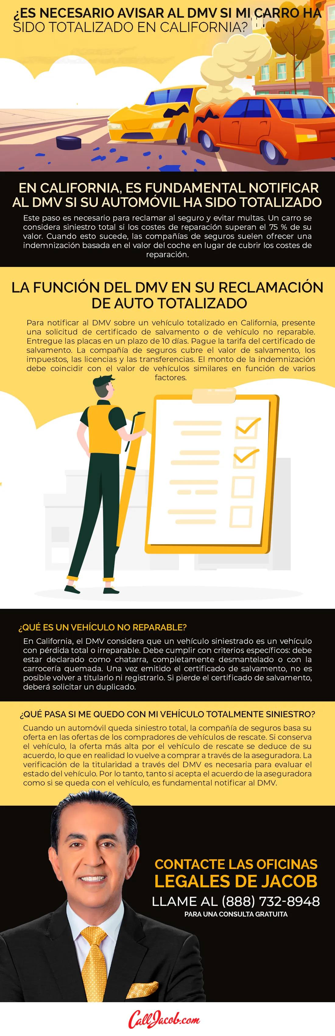 Infografía sobre notificar al DMV si un auto ha sido “totalizado” en California, con ilustraciones de vehículos dañados tras car accidents, una persona hablando con un agente y un car accident attorney ofreciendo ayuda legal con su foto y número de contacto.