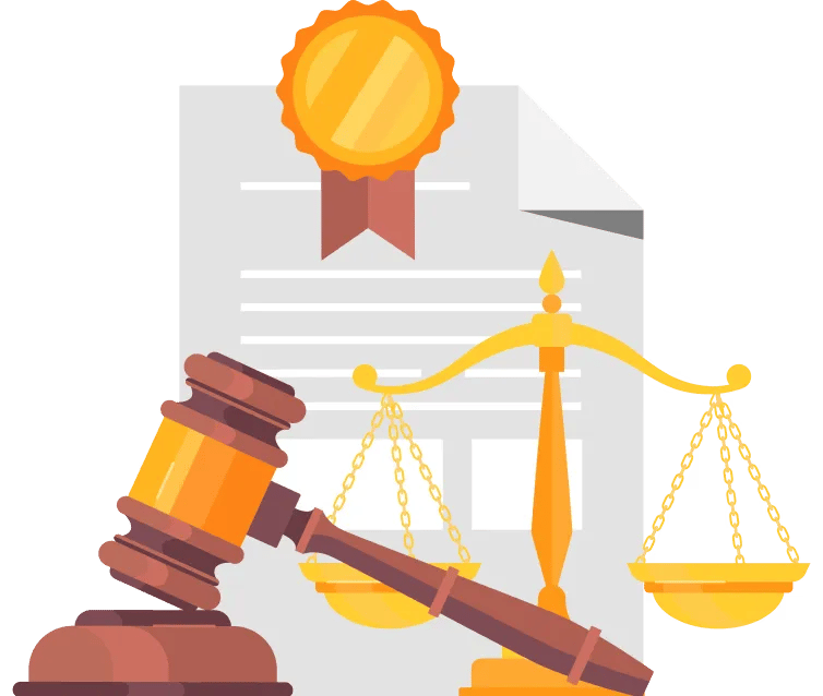 Illustration of a wooden gavel, golden scales of justice, and a legal document with a gold seal and red ribbon, symbolizing law, justice, official certification, and the expertise of a personal injury attorney.