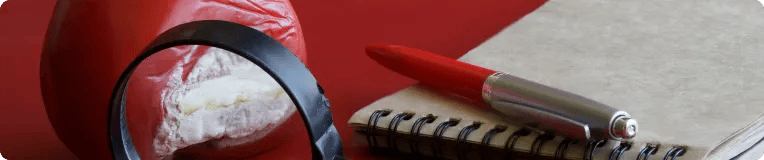 A close-up of a red waxed cheese wheel, a black plastic cheese slicer, a red and silver pen, and a spiral notepad on a red surface—reminiscent of the careful attention to detail shown by a personal injury attorney.