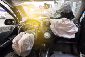 Deployed airbag and cracked windshield after a collision