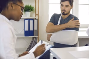 A doctor takes notes while speaking with a man in a gray shirt and arm sling, likely injured from a car accident. They are in a bright medical office with binders and a plant in the background, possibly discussing next steps with a personal injury attorney.