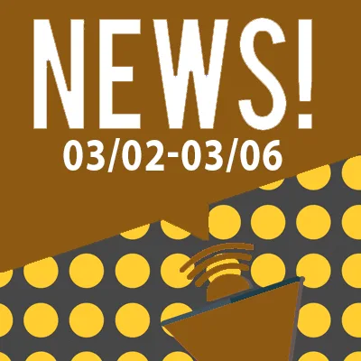 A graphic with the word "NEWS!" in large white letters, dates "03/02–03/06" below, and a brown megaphone sending out waves over a yellow polka-dot pattern—perfect for lawyers sharing car accident updates.