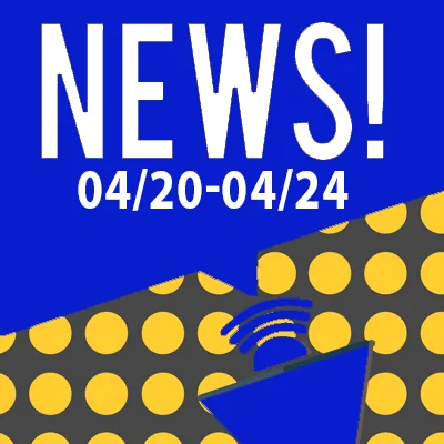 Bold white text reads “NEWS! 04/20-04/24” on a blue background. Below is a megaphone icon and a pattern of large yellow dots on a dark background, highlighting updates from top personal injury attorneys.
