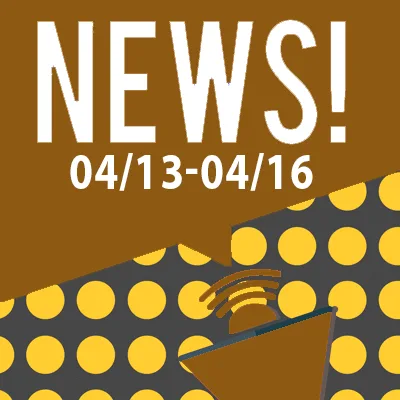 Graphic with "NEWS!" in large white letters, dates "04/13-04/16" underneath, and a megaphone with sound waves—perfect for lawyers or personal injury attorneys—on a background of yellow polka dots and brown shapes.