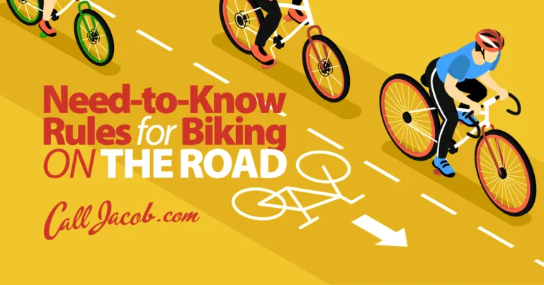 Illustration of cyclists riding in a bike lane with the text "Need-to-Know Rules for Biking on the Road," highlighting tips from personal injury lawyers, and "Call Jacob.com" in bold, colorful letters on a yellow background.