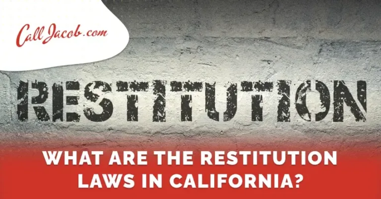 A weathered wall with the word "Restitution" in bold, distressed letters. Text below reads, "What are the restitution laws in California?" and a logo in the top left says "Call Jacob.com".