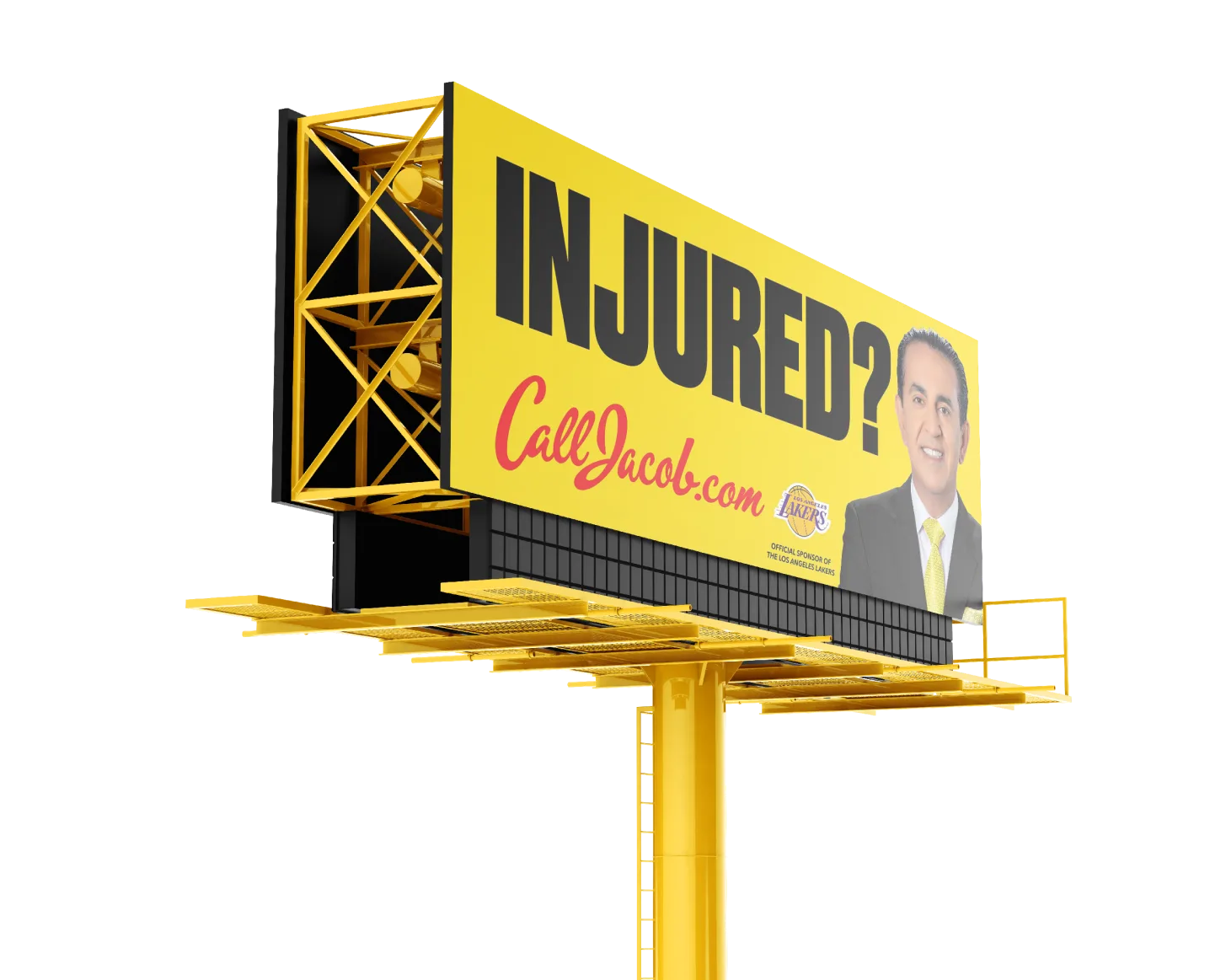 A yellow billboard reads "INJURED? CallJacob.com" with a photo of a smiling man in a suit and tie, and a logo in the corner. The billboard is supported by a yellow structure.