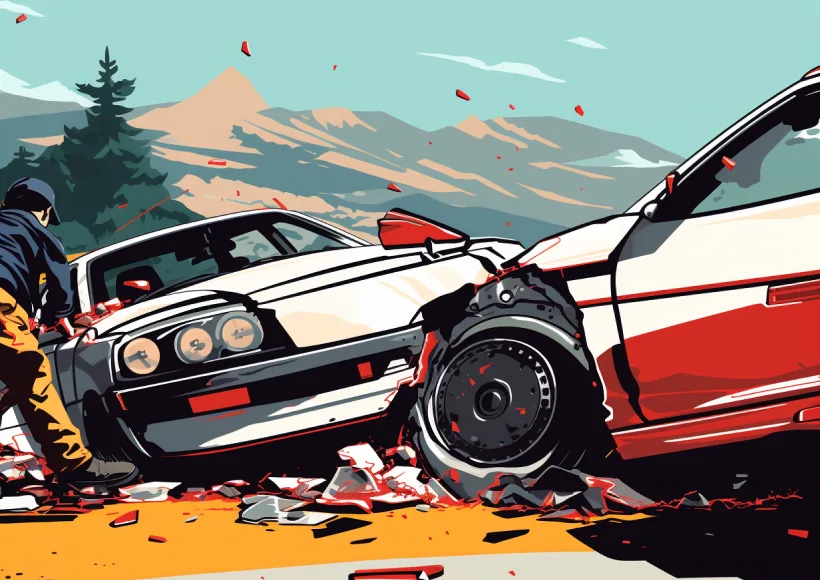 Two cars have collided on a mountain road, with debris scattered around. A person stands near the damaged vehicles—perhaps in need of a car accident attorney. Pine trees and mountains rise in the background under a clear sky.