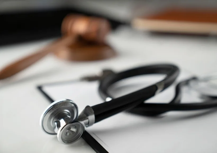 A stethoscope rests on a clipboard in the foreground, with a wooden judge’s gavel blurred in the background, symbolizing the intersection of healthcare and law often navigated by a personal injury attorney.