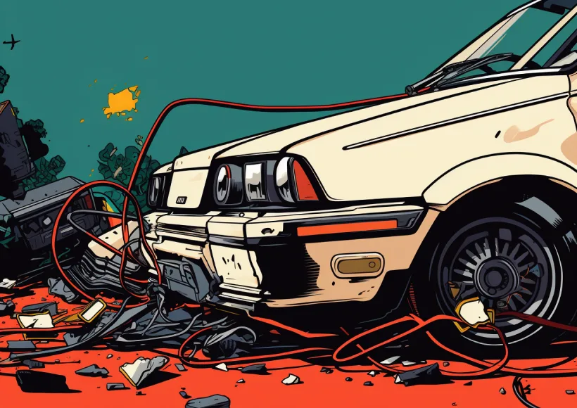 A damaged car with its front bumper detached and red cables tangled around it sits on debris-strewn ground; the background is green with more wreckage and scattered objects—an all-too-common sight after car accidents.