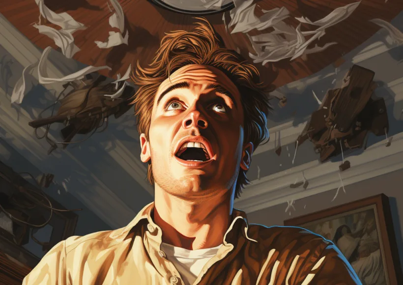 A man stares upward with a shocked expression as pieces of a ceiling fall around him in a room filled with broken objects and framed pictures on the wall—a scene where consulting a personal injury attorney could be crucial.