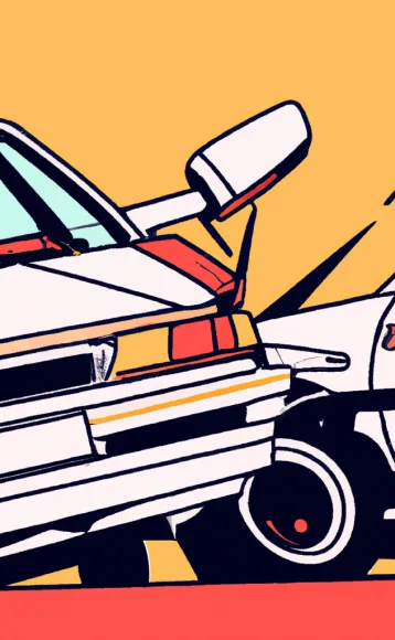 Two white cars illustrated in a bold, graphic style collide against a yellow background—capturing the energy and impact often seen in car accidents. The dynamic scene is perfect for highlighting personal injury attorney or lawyers’ services.