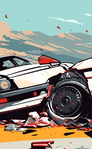 A stylized illustration of two white cars colliding on a road, with debris scattered around and mountains in the background under a blue sky—a scene highlighting the need for an experienced car accident attorney.