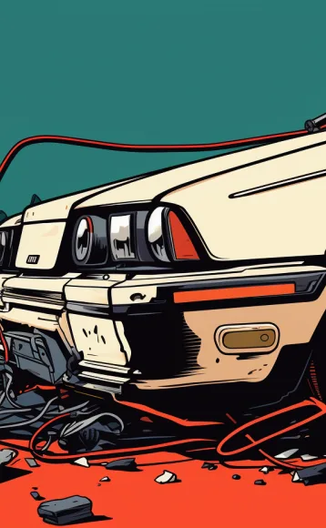 A stylized illustration of the rear end of a damaged vintage car with wires and debris scattered on the ground, set against a teal background—perfect for highlighting personal injury attorney services.