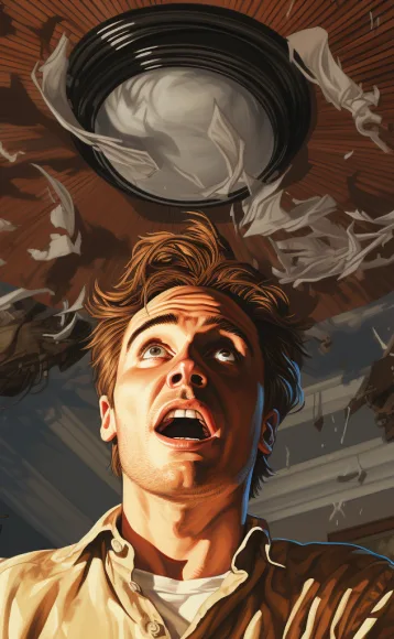 A man looks up in shock as pieces of paper and debris swirl around a ceiling light above him, suggesting chaos or an unexpected event—an unsettling moment where a personal injury attorney might be needed.