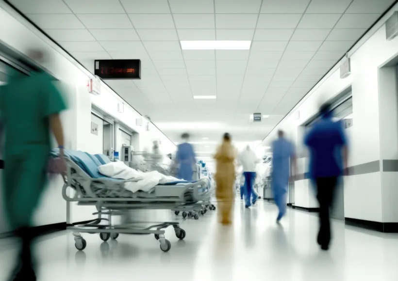 A hospital corridor with medical staff in scrubs hurrying past a patient on a gurney after car accidents. The scene is slightly blurred, suggesting urgency and movement. Bright lights and a digital clock are visible above.