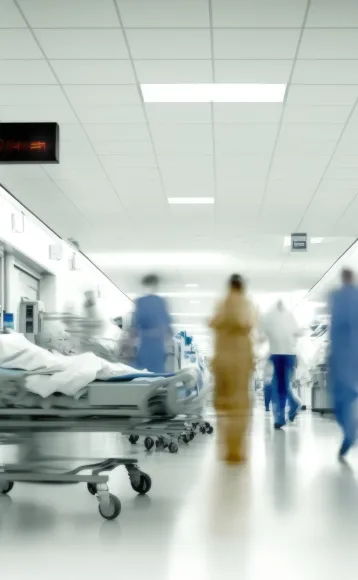 A blurred image of a busy hospital corridor shows medical staff in scrubs walking and a patient on a hospital bed—an all-too-common scene after car accidents, where personal injury attorneys step in to help victims seek justice.
