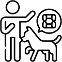 A stick figure person, possibly a personal injury attorney, stands next to a dog, raising one hand. The dog has a speech bubble with a bone inside, showing it's thinking or talking about a bone.