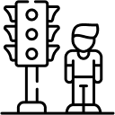 Line drawing of a person standing next to a traffic light with three unlit circular lights, illustrating uncertainty—perfect for personal injury attorneys or lawyers highlighting caution and risk.