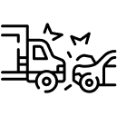 Line drawing of a truck and a car colliding head-on, with impact lines indicating a crash—a scene often handled by a personal injury attorney specializing in car accidents.