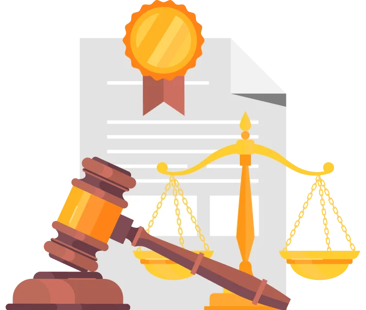 Illustration of a wooden gavel, golden scales of justice, and a legal document with a gold seal and red ribbon, symbolizing law, justice, official certification, and the expertise of a personal injury attorney.