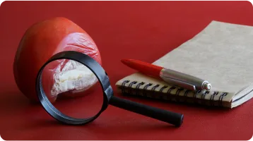 A bitten tomato, a magnifying glass, a red pen, and a spiral notebook are arranged on a red surface—capturing the careful investigation often required by a car accident attorney in personal injury cases.