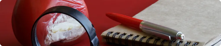 A close-up of a red waxed cheese wheel, a black plastic cheese slicer, a red and silver pen, and a spiral notepad on a red surface—reminiscent of the careful attention to detail shown by a personal injury attorney.