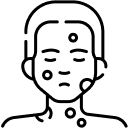 Line drawing of a person with closed eyes and multiple spots or lesions on their face, neck, and chest, indicating a skin condition or personal injury from an accident.