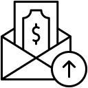 Black and white icon of an envelope with a dollar bill inside and an upward arrow in a circle, symbolizing increased income—ideal for personal injury attorneys or lawyers highlighting financial compensation.
