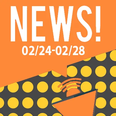 Orange banner with the large word "NEWS!" and the dates "02/24-02/28" above a polka dot background. An orange megaphone, perfect for any personal injury attorney sharing updates, is in the lower center with sound waves.