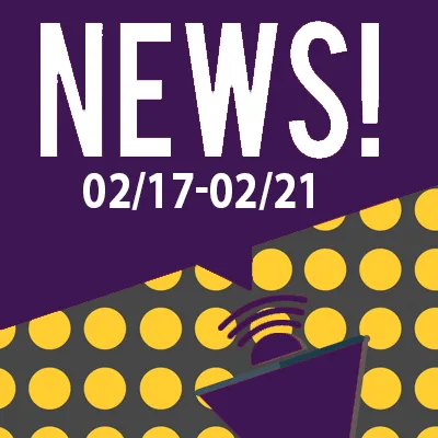 Bold white text reads “NEWS! 02/17–02/21” above a graphic of a megaphone with sound lines, set against a background of yellow polka dots on a dark surface—perfect for updates from top car accident attorneys.
