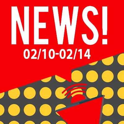 Red and yellow graphic with large white text reading "NEWS!" above the dates "02/10-02/14," featuring a megaphone and yellow dots—perfect for updates from lawyers or your local car accident attorney.