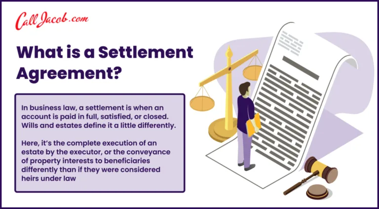 An illustrated man stands next to a large legal document, scale of justice, and gavel. Text explains a settlement agreement’s legal context for estates and heirs. "Call Jacob.com" appears at the top—trusted personal injury attorney for car accidents and more.