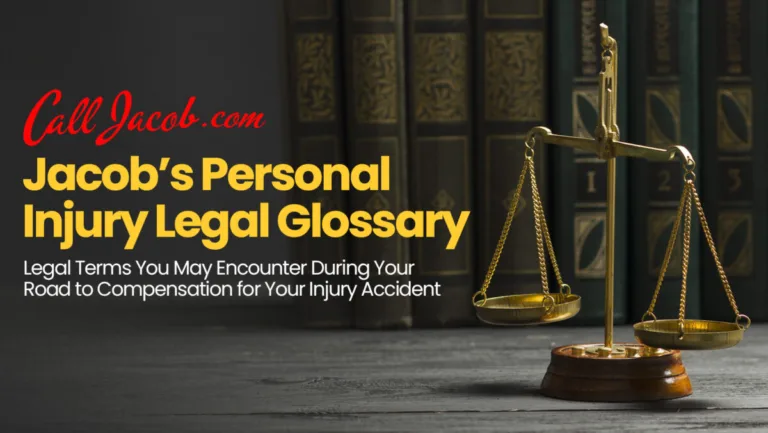 A brass balance scale sits on a dark desk in front of law books. Text reads: "CallJacob.com Jacob’s Personal Injury Legal Glossary." Learn legal terms you may encounter with a personal injury attorney after your accident.