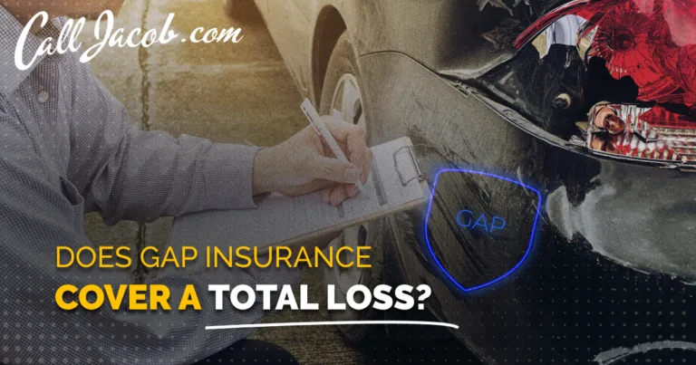 A person writes on a clipboard next to a car with a damaged rear end, illustrating how car accidents happen unexpectedly. Text on the image reads: "Does gap insurance cover a total loss? Call Jacob.com." The word "GAP" is highlighted on the car.