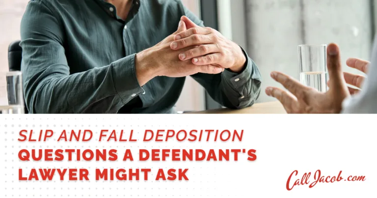 Two people sit at a table during a discussion; one has hands clasped, and a glass of water is visible. The text reads, "Slip and Fall Deposition: Questions personal injury lawyers might ask. CallJacob.com.