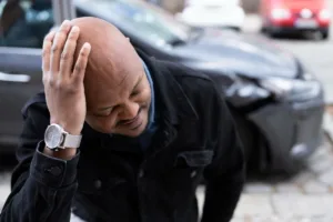 A man with a distressed expression holds his head with one hand while standing next to a damaged car, suggesting he may need the guidance of personal injury lawyers after the accident.