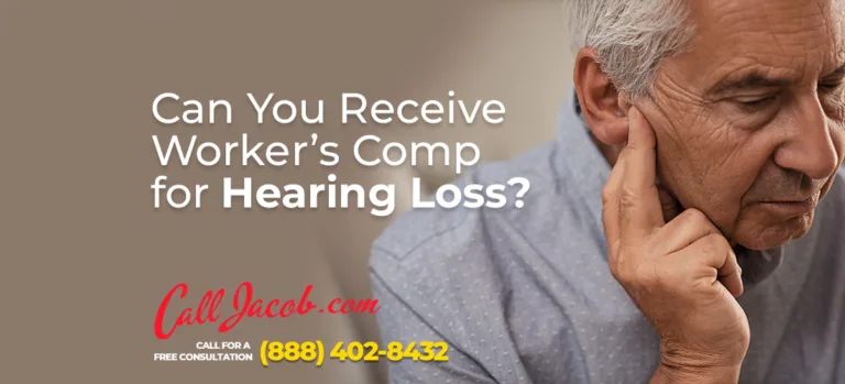 An older man holds his hand to his ear, looking concerned. Text reads, "Can You Receive Worker’s Comp for Hearing Loss?" Contact a personal injury attorney at CallJacob.com or call the number for a free consultation.