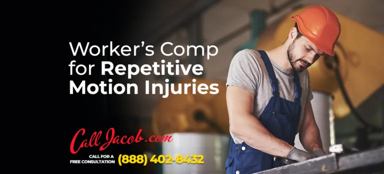 A man in a hard hat and work overalls uses a tool at an industrial site. Text reads: "Worker’s Comp for Repetitive Motion Injuries. Experienced personal injury lawyers. Call Jacob.com for a free consultation (888) 402-8432.
