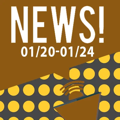 Bold white text reads "NEWS! 01/20-01/24" on a brown background with yellow polka dots, featuring a megaphone emitting sound waves—perfect for lawyers or a car accident attorney sharing important updates.