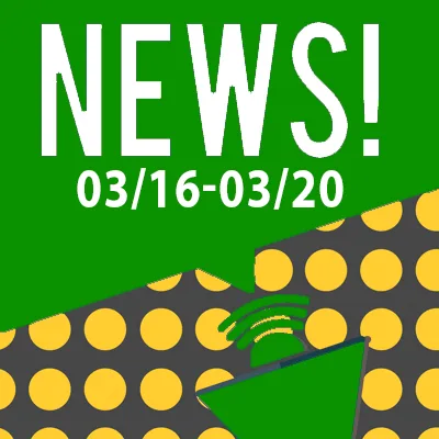 Green and yellow graphic with large white text "NEWS!" and dates "03/16-03/20" below. Background features yellow polka dots and a green megaphone, highlighting updates for anyone seeking car accident attorney or personal injury info.