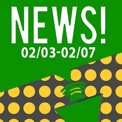 Green and yellow graphic with large white text that reads "NEWS! 02/03-02/07" above a megaphone icon, set against a background of yellow polka dots on a dark field—ideal for updates from lawyers or personal injury attorneys.