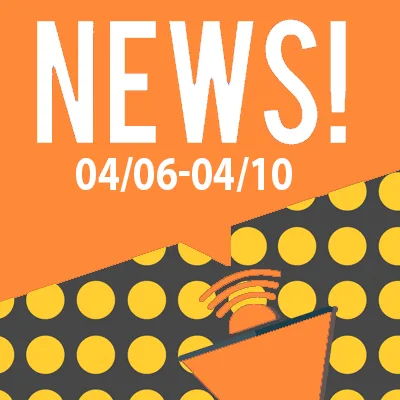 Graphic with large white text "NEWS!" above the dates "04/06-04/10" on an orange background, featuring a megaphone and yellow polka dots. Ideal for lawyers or a personal injury attorney sharing updates or important legal news.