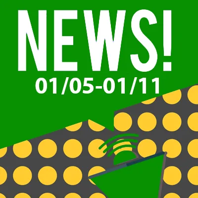 A green and yellow graphic with bold white text reading "NEWS! 01/05-01/11" above a megaphone features updates on car accidents and personal injury, set against a background of yellow dots on a dark surface.