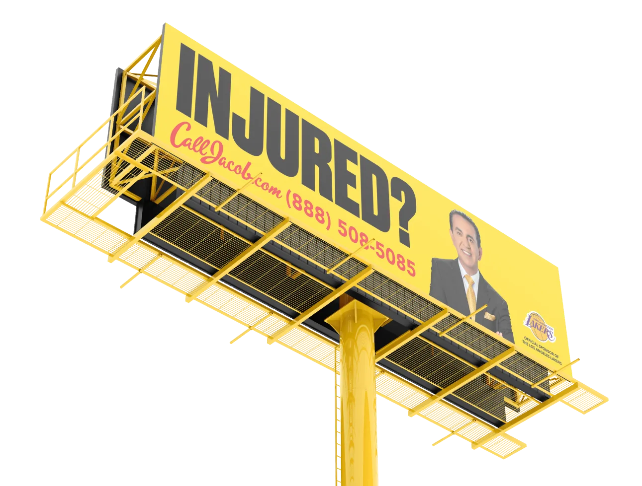 Large yellow billboard with “INJURED?” in bold black letters, a website, a phone number, and a smiling personal injury attorney in a suit beside the Jacoby & Meyers logo. The design highlights their expertise in personal injury cases using striking yellow and black colors.