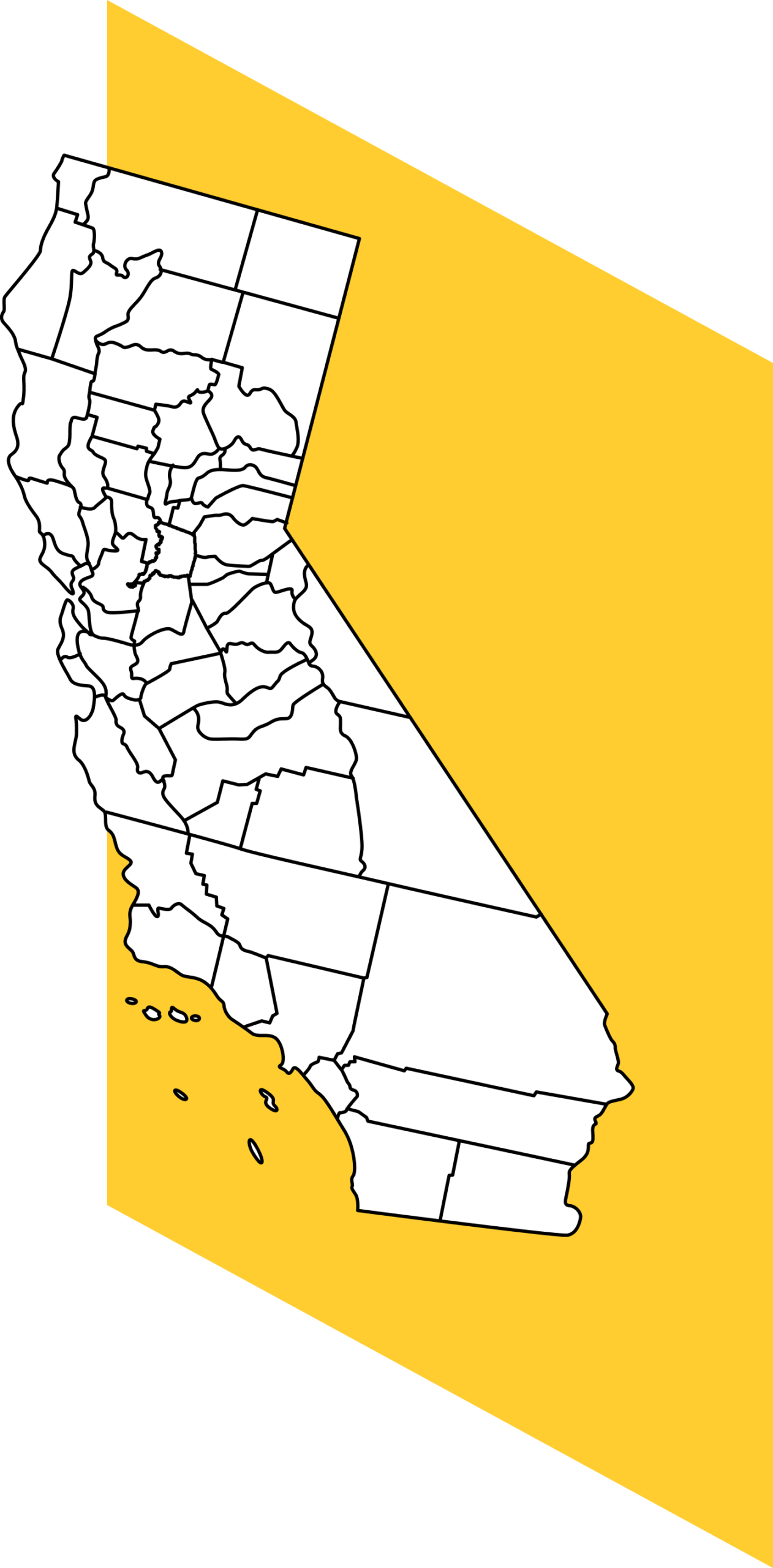 An outline map of California with county borders shown in black, overlaid on a yellow geometric background—ideal for visualizing car accidents or referencing personal injury data by region. No county names or landmarks are labeled.