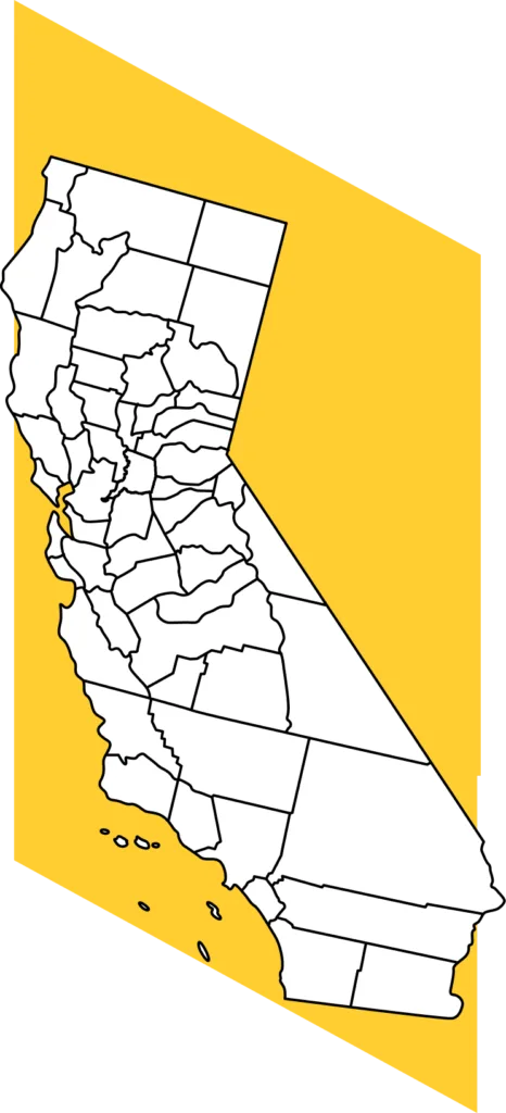 Outline map of California with its counties in black lines, placed over a yellow background shaped like the state—a helpful reference for personal injury attorneys handling cases such as car accidents across different regions.