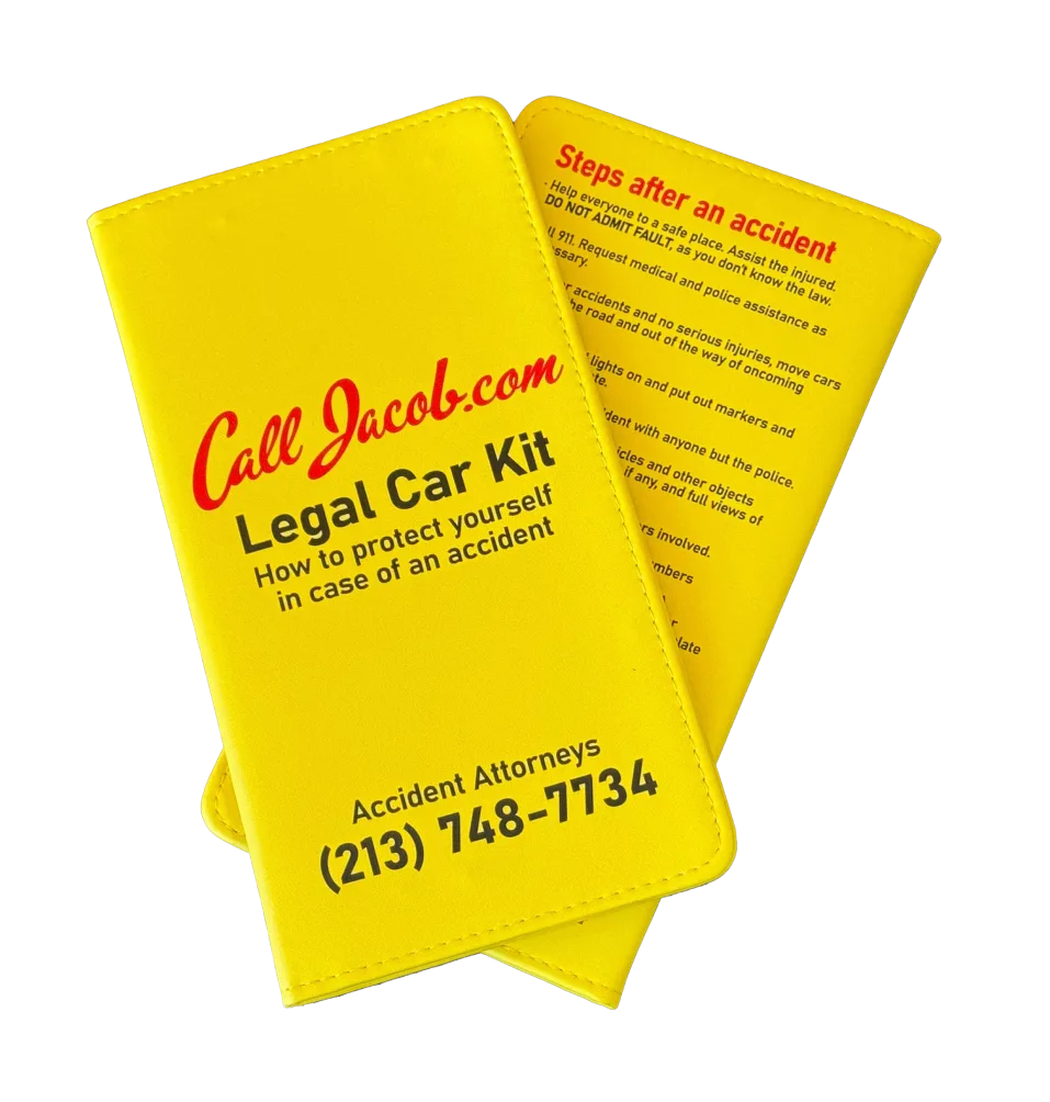 Two yellow "Legal Car Kit" folders with “Call Jacob.com” and Accident Attorneys’ phone number (213) 748-7134, plus car accident attorney tips for protection in black and red text. Ideal after car accidents or when you need a personal injury attorney.