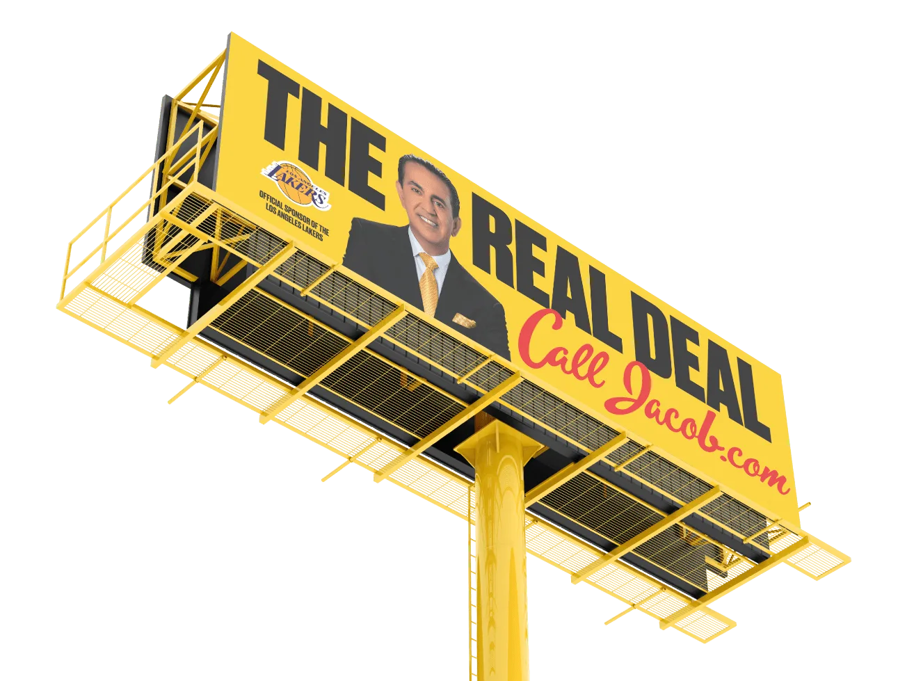 A large yellow billboard features a smiling man in a suit with the text "THE REAL DEAL," "Call Jacob.com," and mentions he’s a trusted personal injury attorney. The Los Angeles Lakers and Dodgers logos appear in the corner.